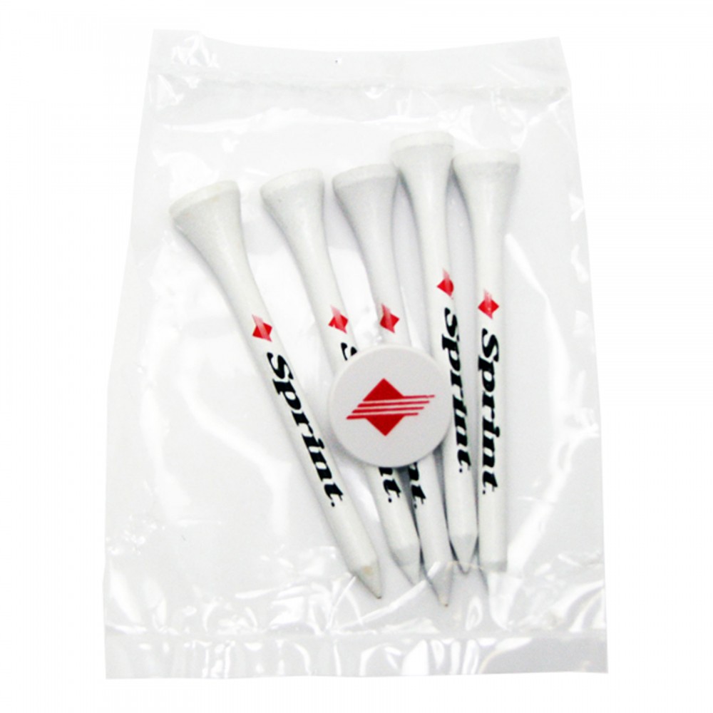 Custom Imprinted Golf Tee Poly Packet with 5 Tees & 1 Ball Marker