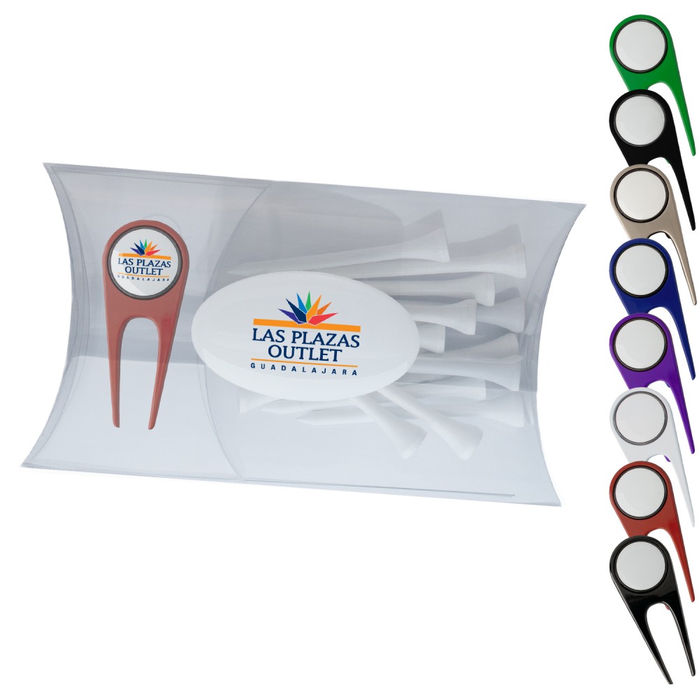 Customized Clear Pillow Pack Golf Gift Set - Divot Tool & Tees