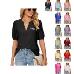 Customized Women's Casual V Neck Solid Color Hollow Short Sleeve