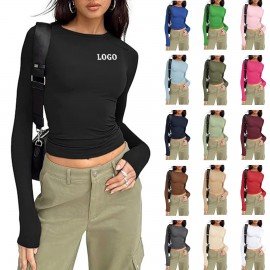 Women's Long Sleeved Shirt Basic Crop Top Tight Fit with Logo