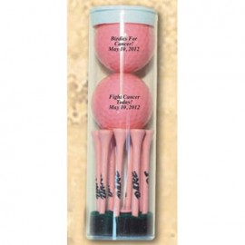 Promotional Golf Ball Tube w/ Eight Pink 2 3/4" Tees, 2 Golf Balls & 1 Marker