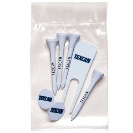 Pro Elite Poly Bag Pack w/ 4 Golf Tees, 2 Ball Markers & 1 Divot Fixer with Logo