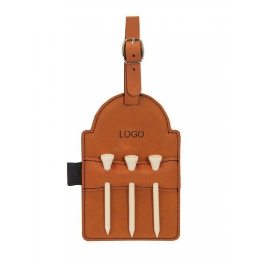 Logo Branded 3" x 5" Rawhide Leatherette Golf Bag Tag w/ 3 Wooden Tees Logo Branded 3" x 5" Rawhide Leatherette Golf Bag Tag w/ 3 Wooden Tees