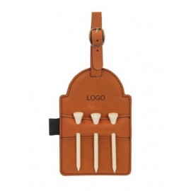 Logo Branded 3" x 5" Rawhide Leatherette Golf Bag Tag w/ 3 Wooden Tees