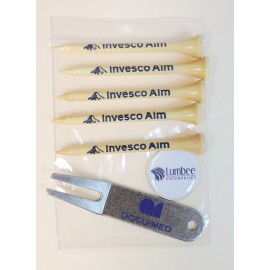 Golf Tee Poly Bag Pack w/ Five 2 3/4" Tees, 1 Metal Dome Marker & 1 Metal Divot Fixer with Logo