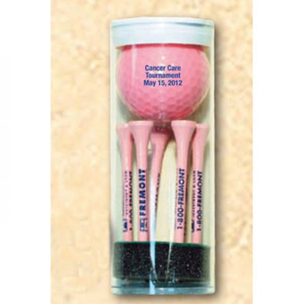 Customized Golf Ball Tube w/ Six Pink 2 3/4" Tees & 1 Golf Ball