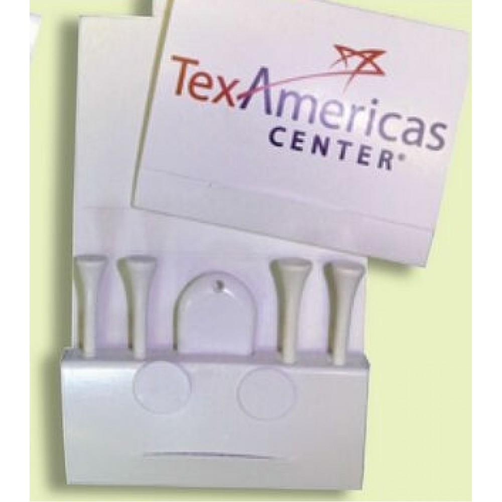 Golf Tee Matchbook Packet w/ Four 2 3/4" Tees, 2 Markers & 1 Fixer (Express Service) with Logo