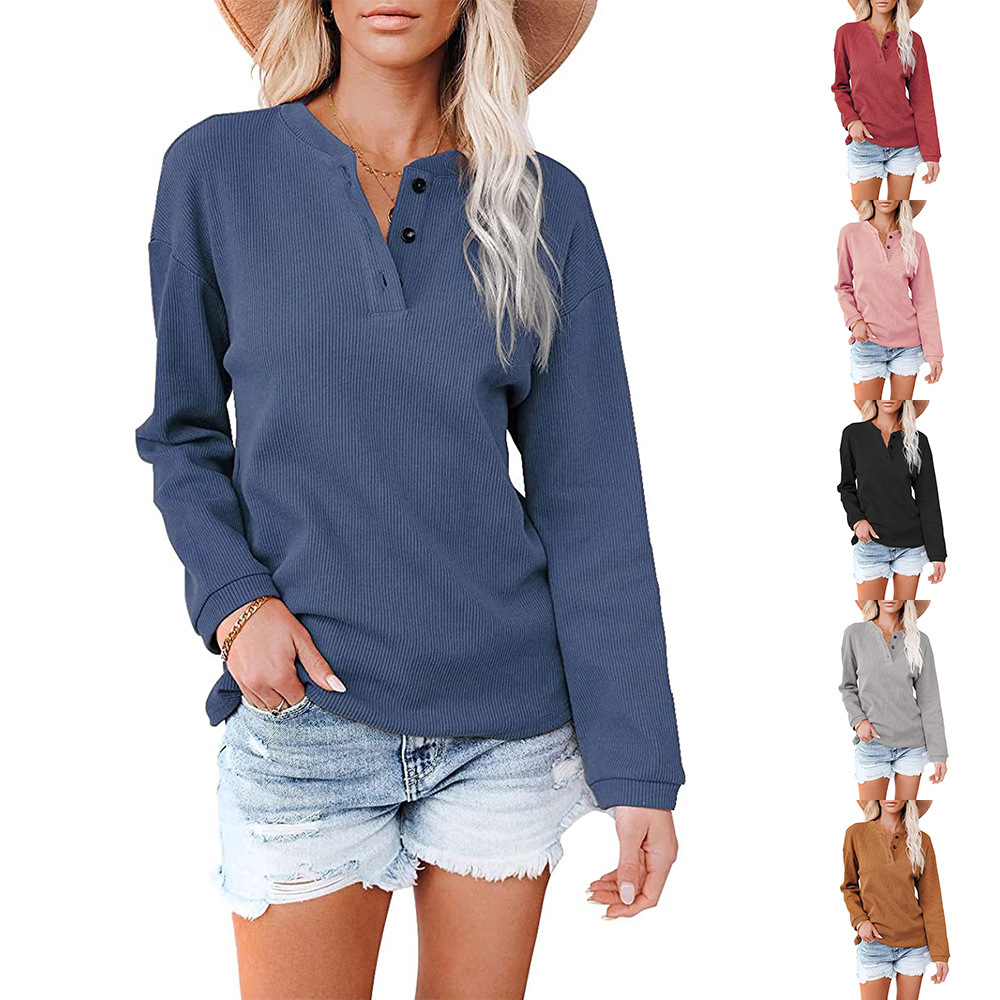 Women's Long Sleeve Button Neck Loose Shirt with Logo