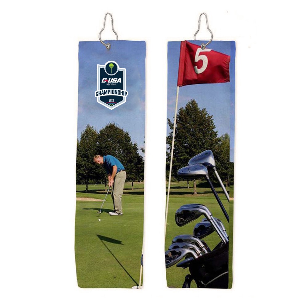Dual-Sided Sublimated Microfiber Golf Towel with Carabiner with Logo