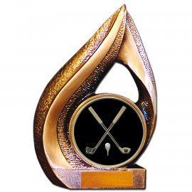 Stock 9" Flame Trophy with 2" Golf General Coin and Engraving Plate Logo Printed