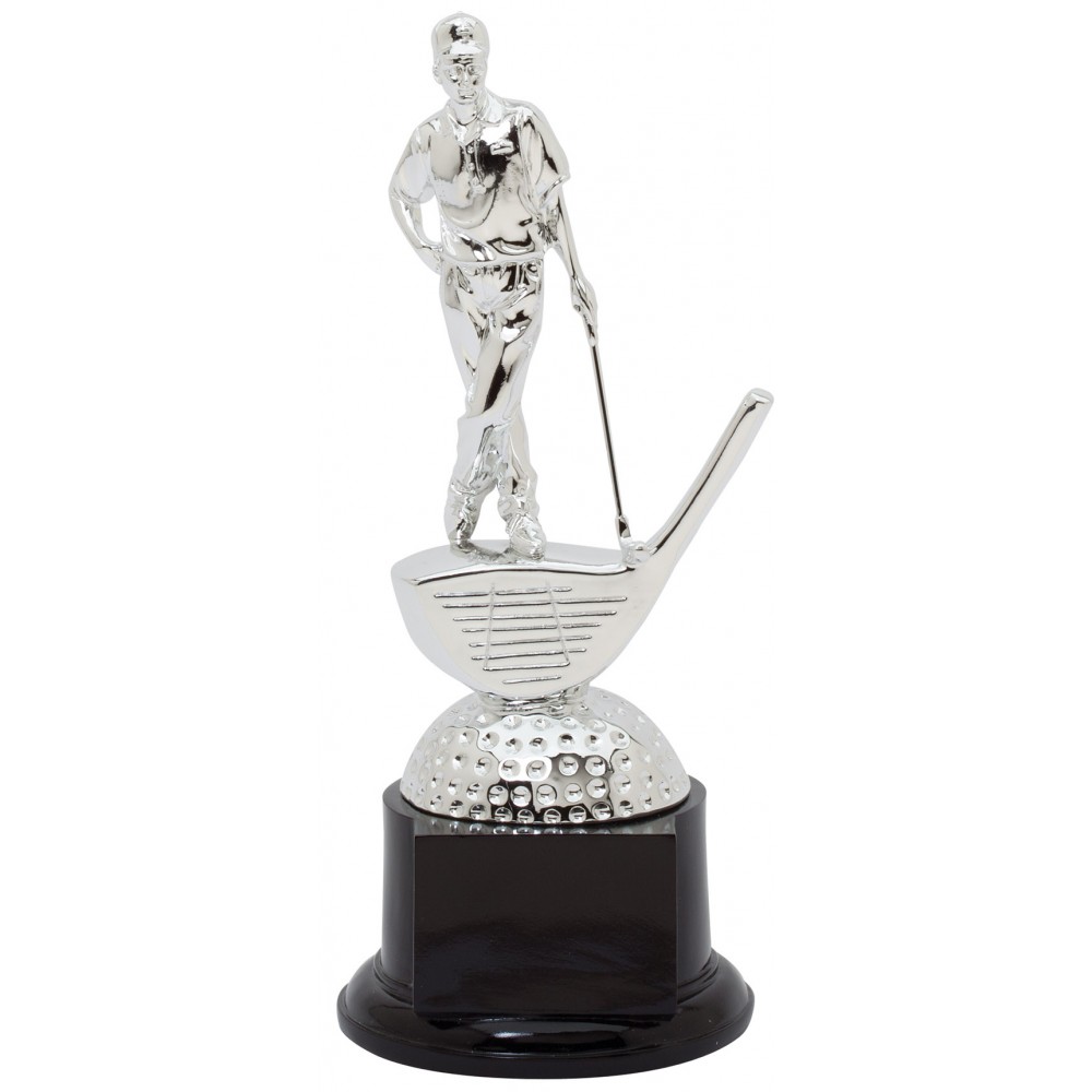 Custom Engraved Bright Silver Golfer on Black Base - Standing, Male Custom Engraved Bright Silver Golfer on Black Base - Standing, Male