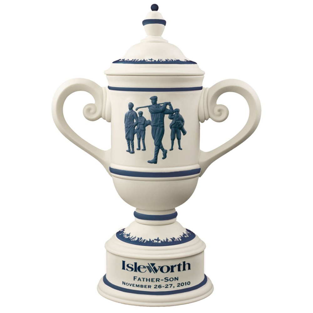 Men's Vintage Ceramic Golf Cup Trophy - Alabaster / Blue Custom Branded