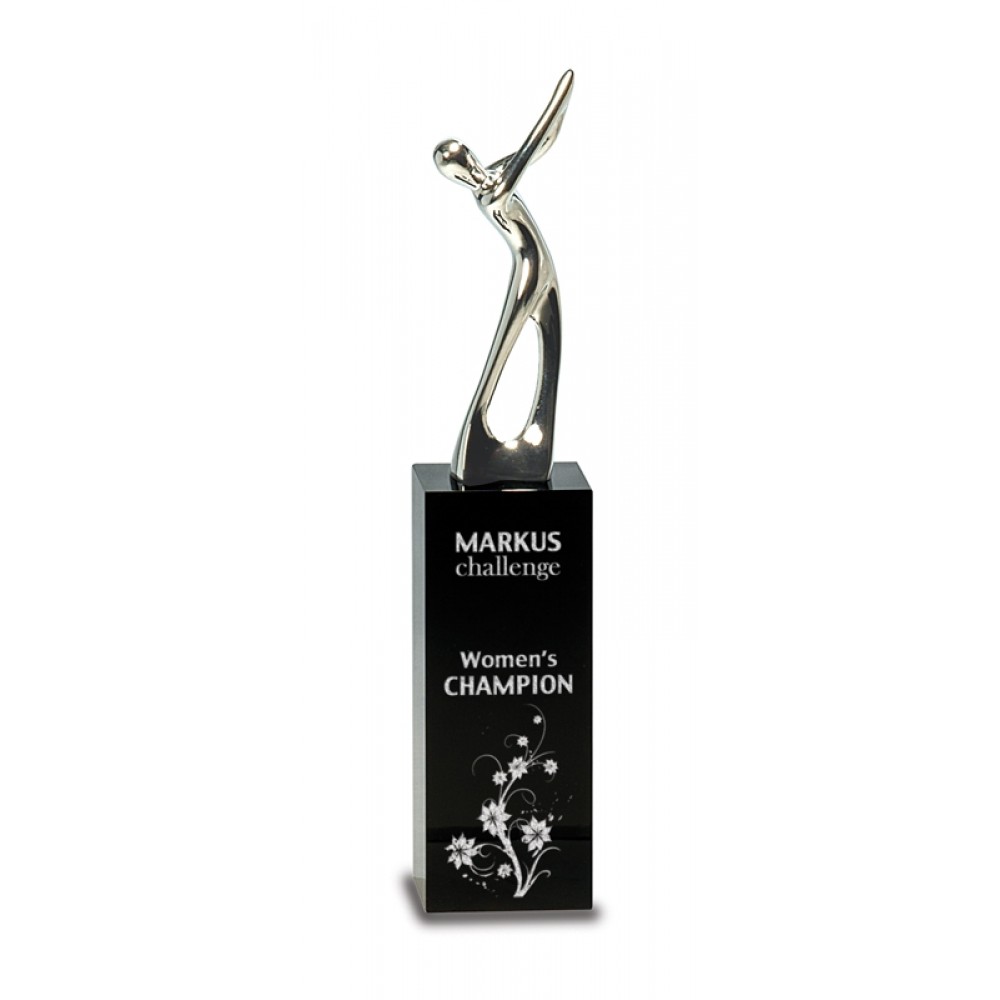 Silver Golf Figure On 9.5'' Black Crystal Pedestal Custom Imprinted