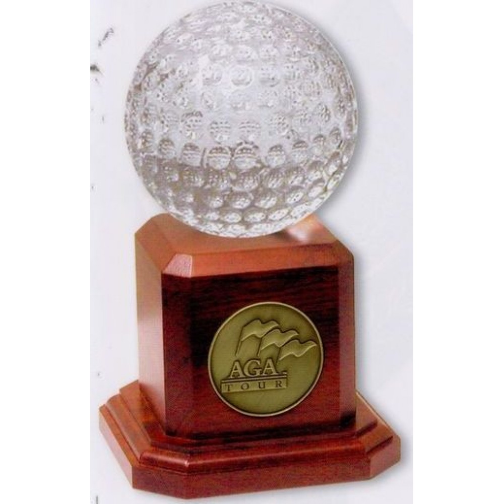 Customized Crystal & Rosewood Finish Golf Ball Trophy 8" H