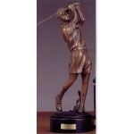 Lady Golfer In Shorts Back Swing Trophy w/Round Base (3"x9") Logo Printed