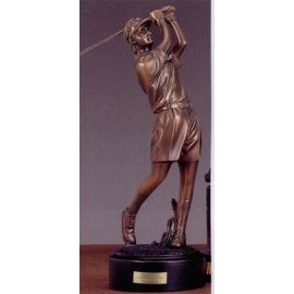 Lady Golfer In Shorts Back Swing Trophy w/Round Base (3"x9") Logo Printed  Lady Golfer In Shorts Back Swing Trophy w/Round Base (3"x9") Logo Printed