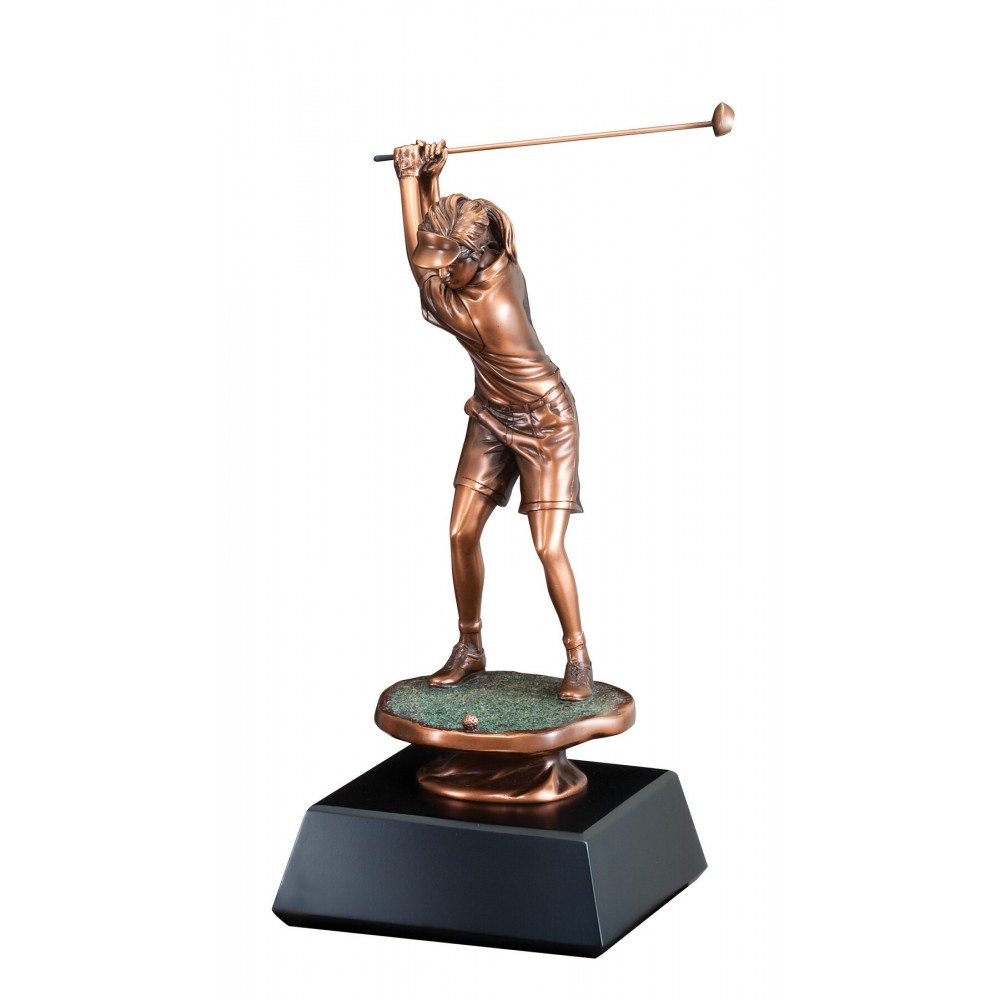 Custom Engraved Golfer, Female - Electroplated Bronze Resin Statue - 16" Tall Custom Engraved Golfer, Female - Electroplated Bronze Resin Statue - 16" Tall