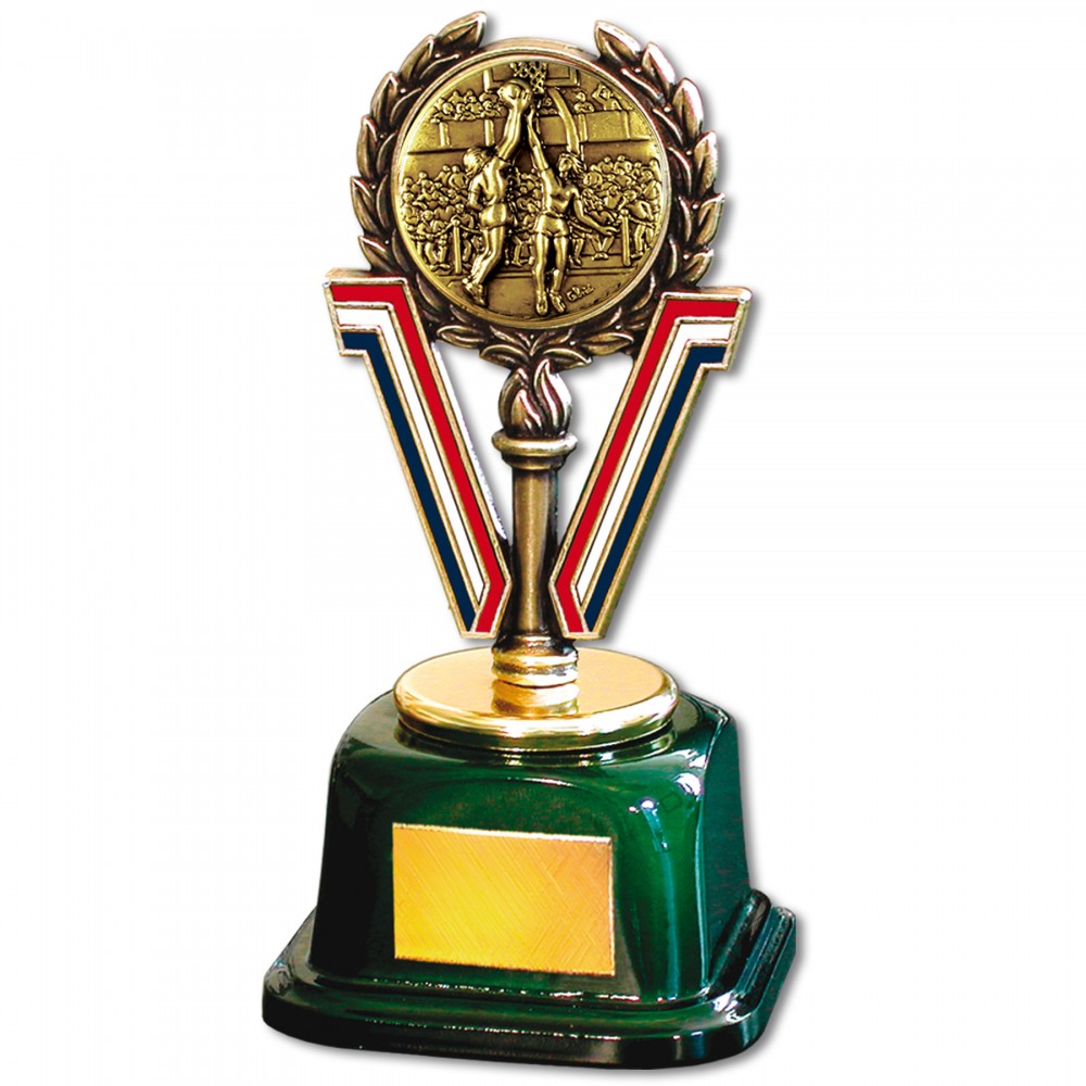 Logo Branded Stock 7" Trophy with 2" Basketball Female Medal and Engraving Plate