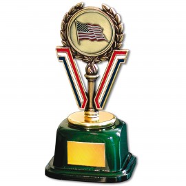 Logo Branded Stock 7" Trophy with 2" US Flag and Engraving Plate