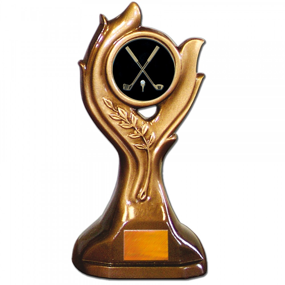 Logo Branded Stock Victory 9" Trophy with 2" Golf General Coin and Engraving Plate