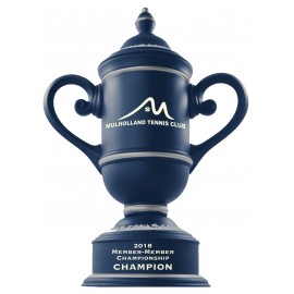 Custom Ceramic Trophy Cup - Blue / Ivory with Handles & Lid Custom Imprinted