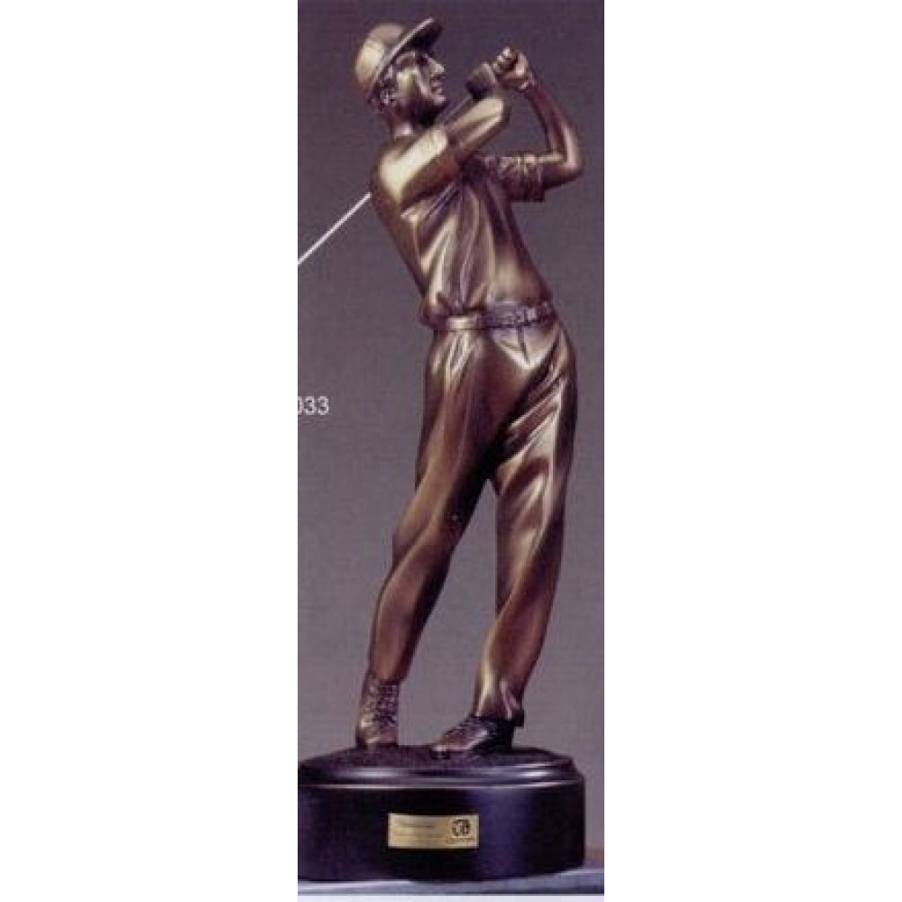 Logo Branded Third Place Golfer Trophy w/Golf Back Swing & Bronze Finish (4"x11.5")