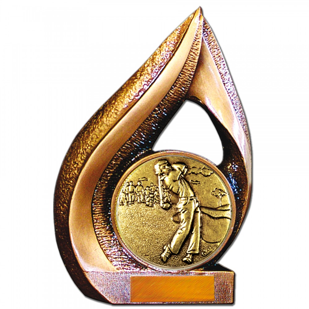 Stock 9" Flame Trophy with 2" Golf Male Coin and Engraving Plate Custom Branded