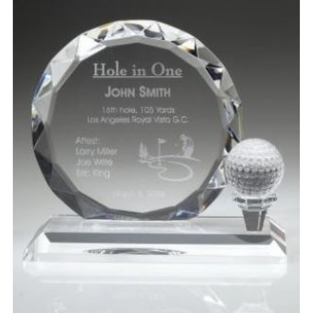 Large Optic Crystal Golf Trophy w/Golf Ball Logo Printed