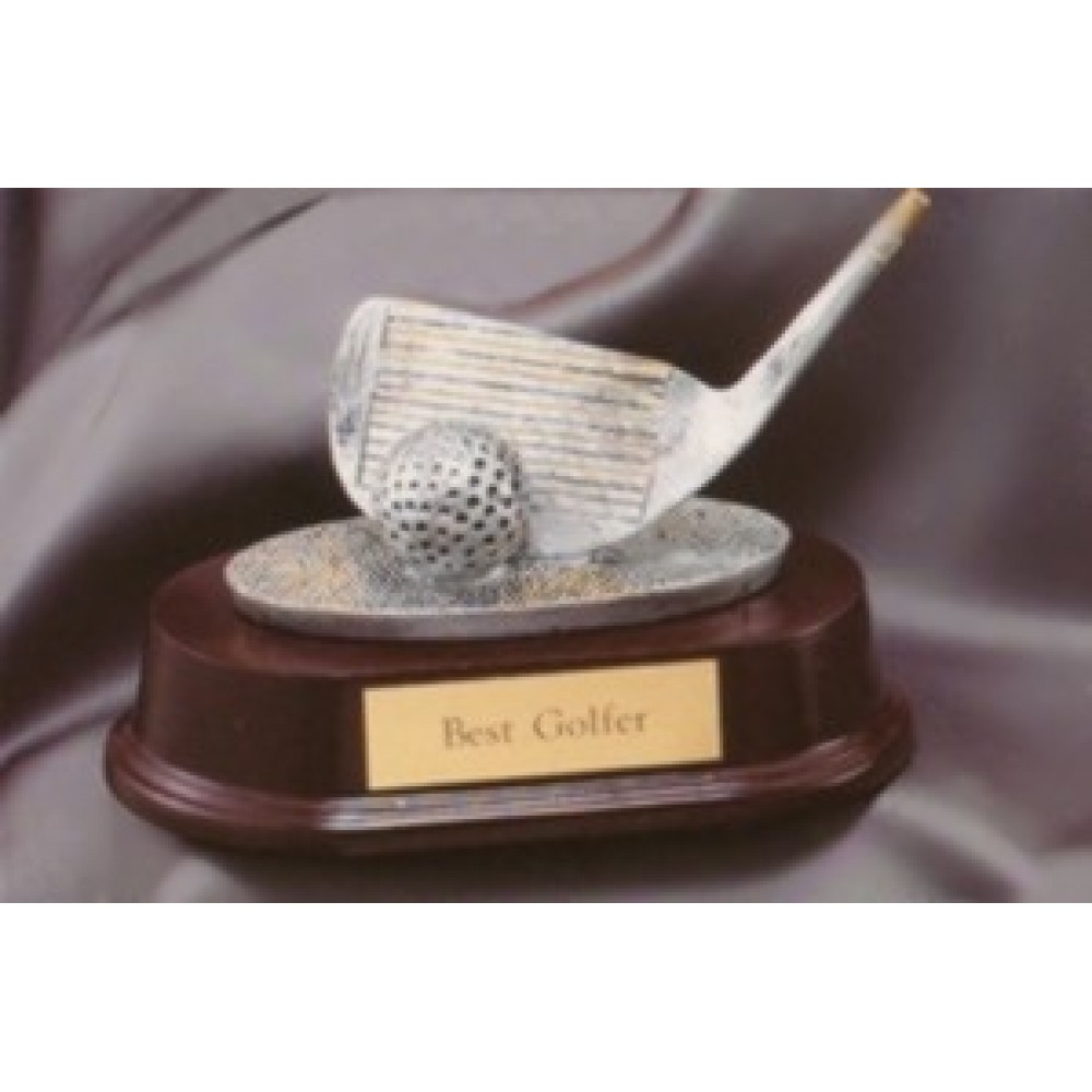 Logo Branded 4" Golf - Pitching Wedge and Ball Resin Sculpture Award w/ Oblong Base