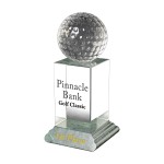Customized Trophy Award - Crystal Golf Ball mounted on a crystal podium style stand with green marble base