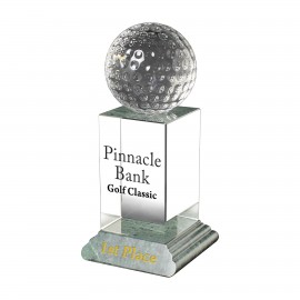 Trophy Award - Crystal Golf Ball mounted on a crystal podium style stand with green marble base Custom Branded
