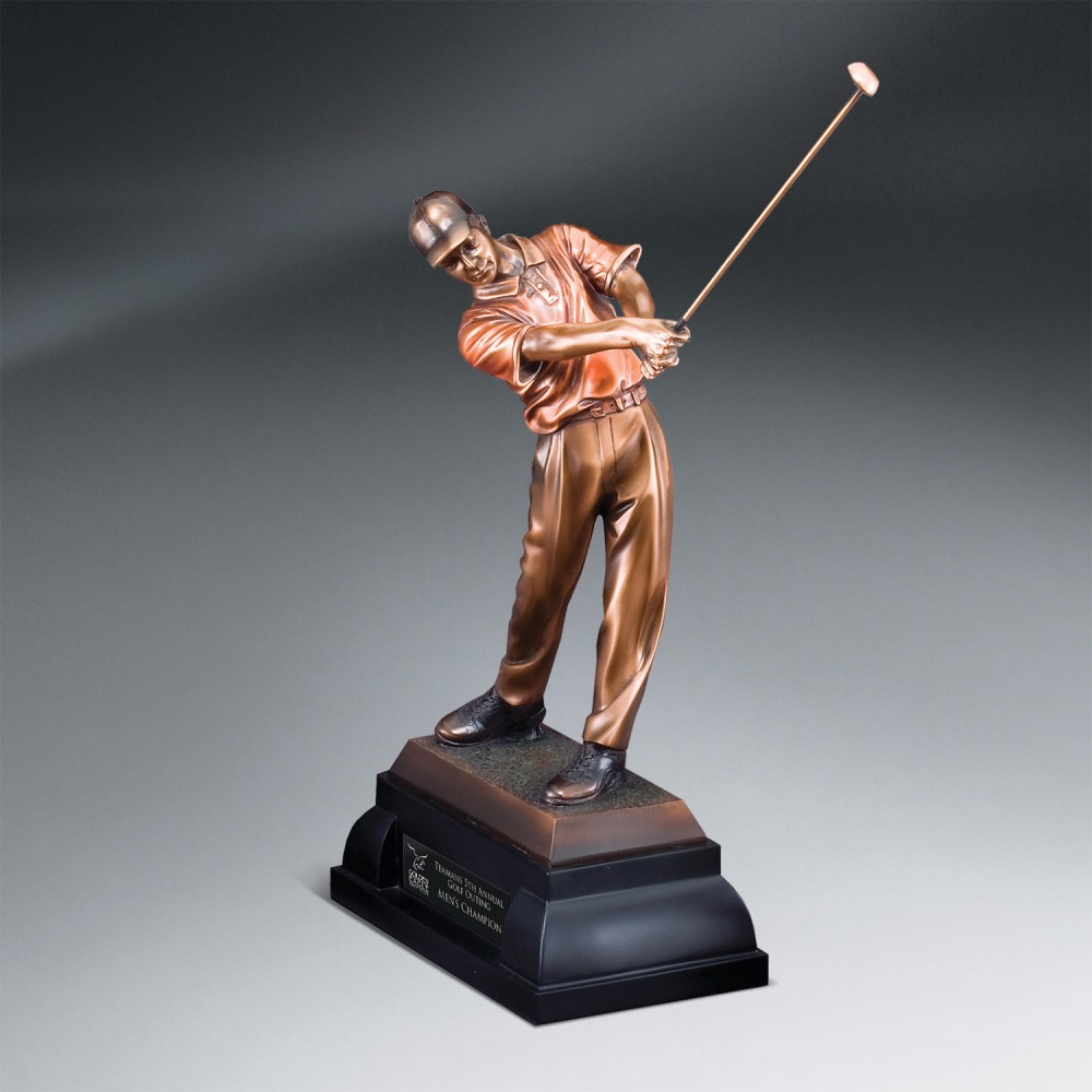 Logo Branded Antique Bronze Finish Swinging Male Golfer - Large with Black Lasered Plate Logo Branded Antique Bronze Finish Swinging Male Golfer - Large with Black Lasered Plate