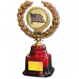 Stock 7" Trophy with 2" US Flag Coin and Engraving Plate Logo Printed
