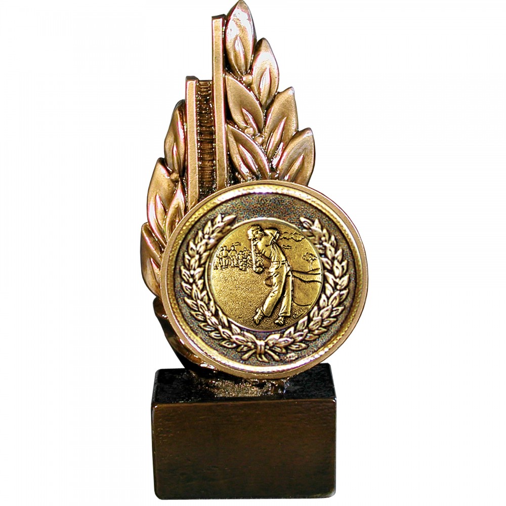 Customized Stock Laurel 9" Trophy with 2" Golf Male Coin and engraving plate
