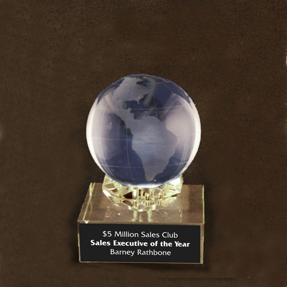 Solid Crystal Engraved Award - 4" - Globe with Diamond Base Custom Imprinted