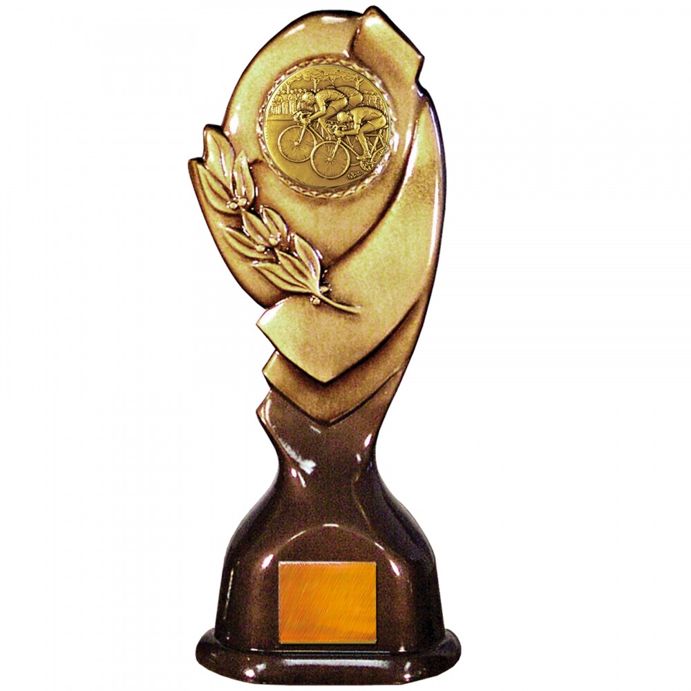 Promotional Stock Classic 12" Trophy with a 2" Bicycling Coin with Engraving Plate