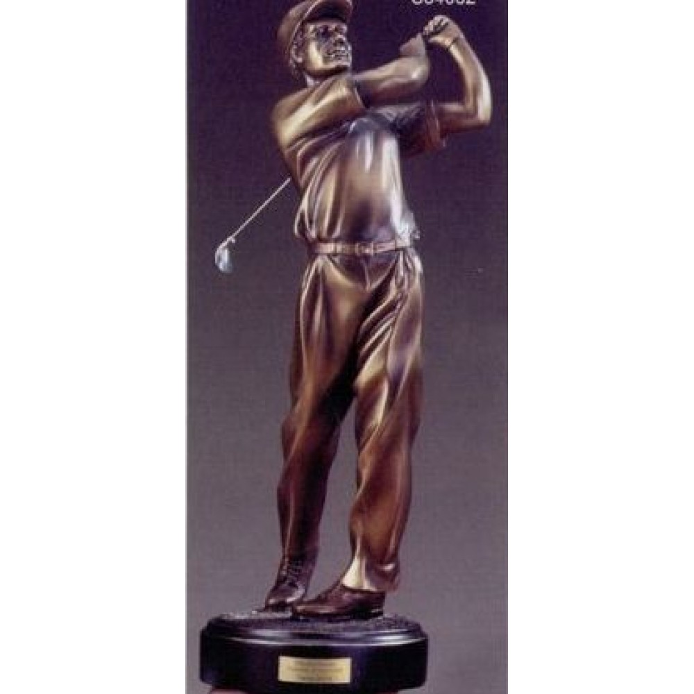 First Place Golfer Trophy w/Golf Back Swing & Bronze Finish (6"x18") Custom Branded