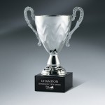 Promotional Bright Silver Metal Cup on Marble Base - Medium with Black Lasered Plate