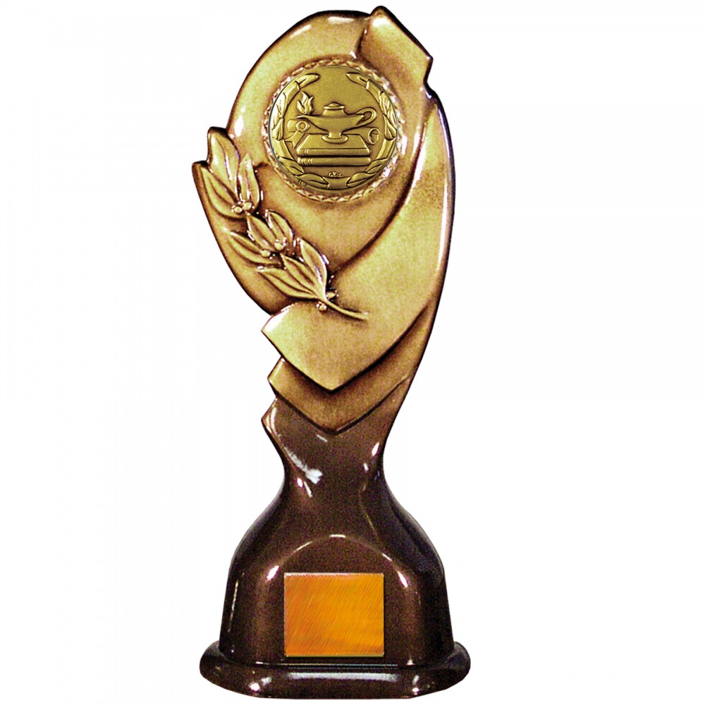 Logo Branded Stock Classic 12" Trophy with a 2" Lamp of Knowledge Coin with Engraving Plate