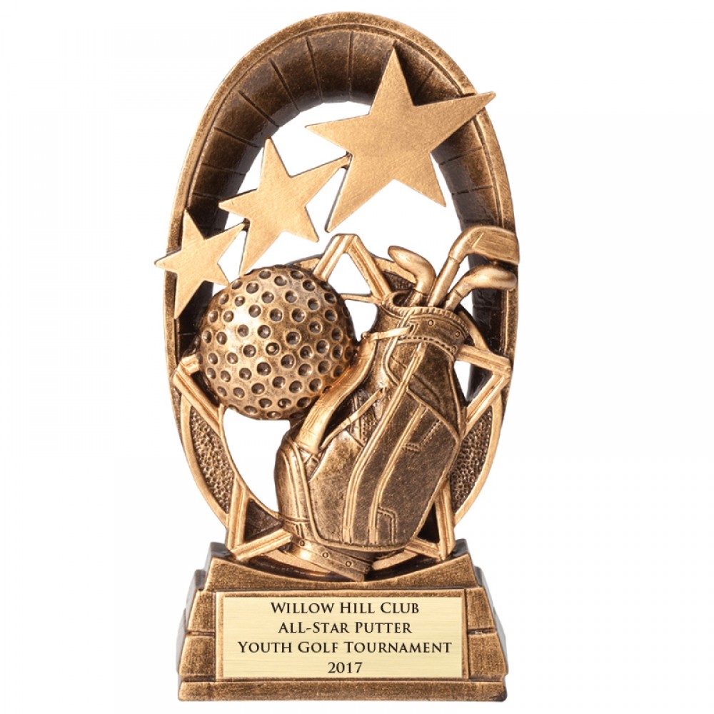 Custom Imprinted 6" Antique Gold Golf Star Resin Trophy