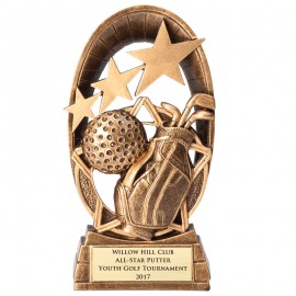 Custom Imprinted 6" Antique Gold Golf Star Resin Trophy