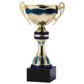 Logo Branded Gold and Blue Metal Ribbon Cup on Black Marble Base