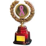 Stock 7" Trophy with 2" Pink Ribbon Coin and Engraving Plate Custom Branded