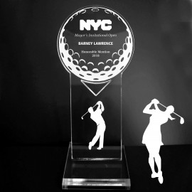 Logo Branded VALUE LINE! Acrylic Engraved Award - 8" Golfer and Golf Ball - Platform Base