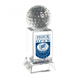 Trophy Award - Crystal Golf Ball mounted on top of a crystal podium style stand Logo Printed