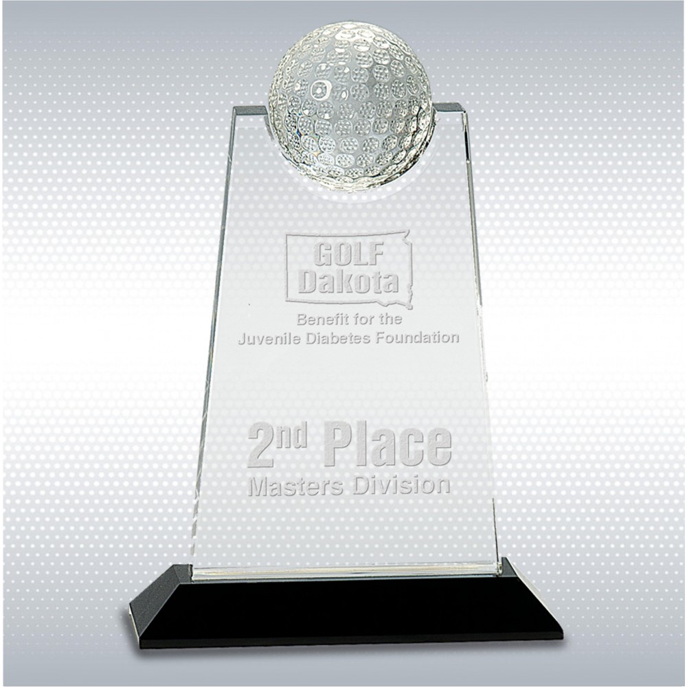 Promotional 9" Clear Crystal Tablet with Inset Golf Ball Trophy on Black Pedestal Base