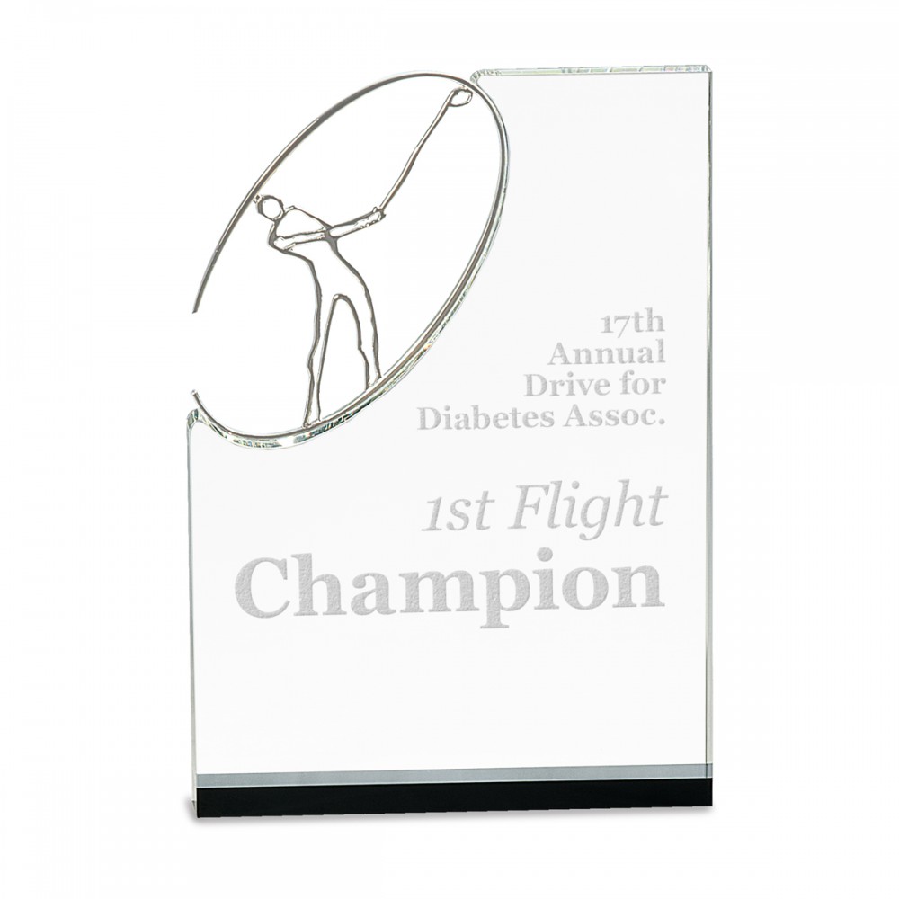 Custom Imprinted 10" Clear/Black Crystal Standup with Silver Metal Oval Golf Figure Custom Imprinted 10" Clear/Black Crystal Standup with Silver Metal Oval Golf Figure