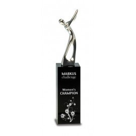 Silver Metal Golf Figure on Black Crystal Pedestal (9 1/2") Custom Imprinted  Silver Metal Golf Figure on Black Crystal Pedestal (9 1/2") Custom Imprinted
