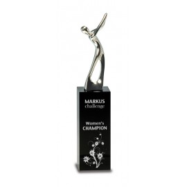 Silver Metal Golf Figure on Black Crystal Pedestal (9 1/2") Custom Branded