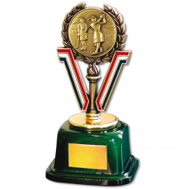 Logo Branded Stock 7" Trophy with 2" Golf Female and Engraving Plate